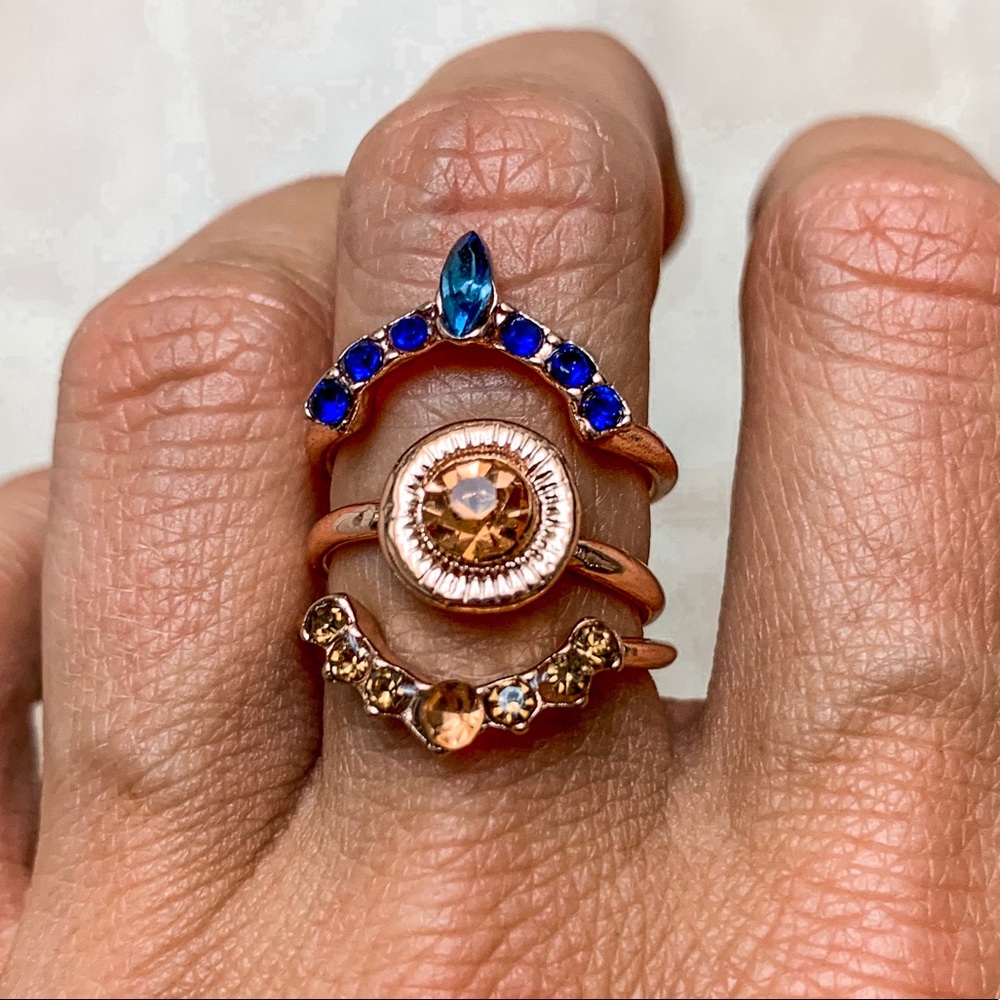 3 Boho Style Golden Rings with Crystals